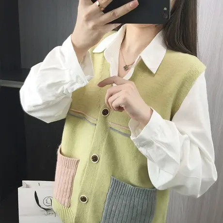 2023新款V领针织衫背心女士春秋季毛衣无袖开衫坎肩马甲上衣马夹图片