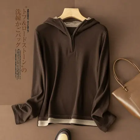 享永子【经婰版型】亲肤绒拼色连帽长袖t恤女韩版小众显瘦上衣女商品大图