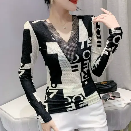欧货性感V领打底衫女春秋设计感小众字母印花网纱T恤长袖气质上衣商品大图