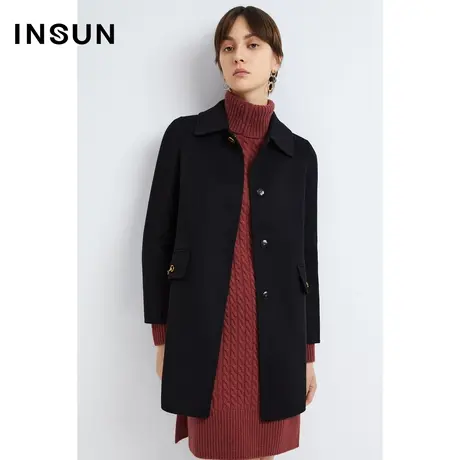 INSUN恩裳线上专选冬季黑色天丝羊毛混纺毛呢外套图片