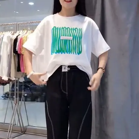 欧货线条印花短袖t恤女夏季2023新款时尚百搭洋气半袖设计感体恤商品大图