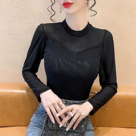 春秋新款百搭黑色半高领长袖内搭2023年新款蕾丝上衣高级感秋冬图片