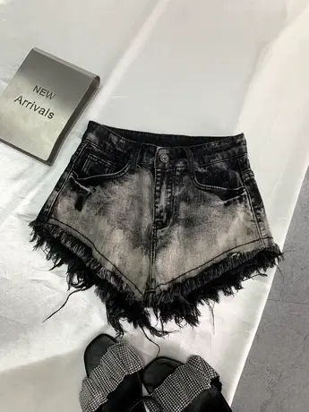 复古毛边牛仔短裤女2023秋季新款显瘦百搭高腰裤辣妹阔腿a字裤潮商品大图