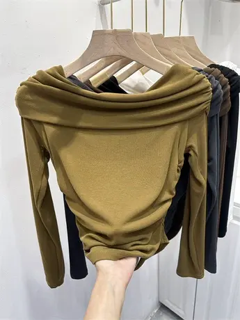 J欧货早秋新款系列韩版时尚修身显瘦气质纯色一字领2023长袖上衣商品大图