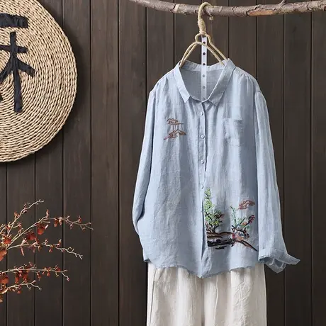 枫谜2022年秋季新款文艺复古苎麻刺绣民族风衬衫休闲文艺女衬衣图片