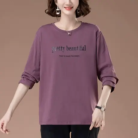 中年妈妈加大码纯棉长袖T恤女装春秋宽松显瘦休闲遮肚打底衫上衣图片