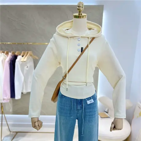 新款百搭纯色法式休闲系扣弹力显瘦连帽长袖打底衫T恤女帽衫内搭商品大图