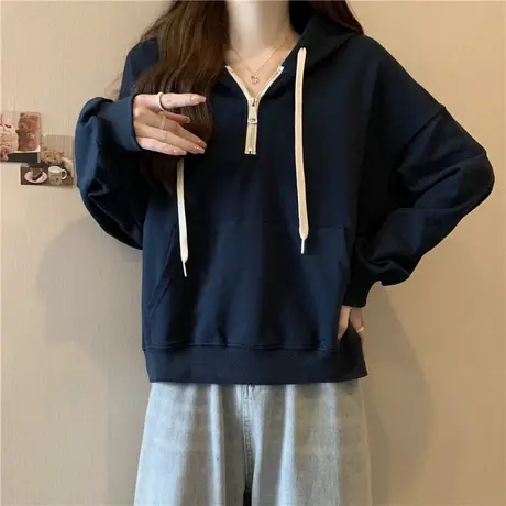 设计感小众长袖卫衣女春秋装2025新款薄款宽松短款半拉链连帽上衣商品大图