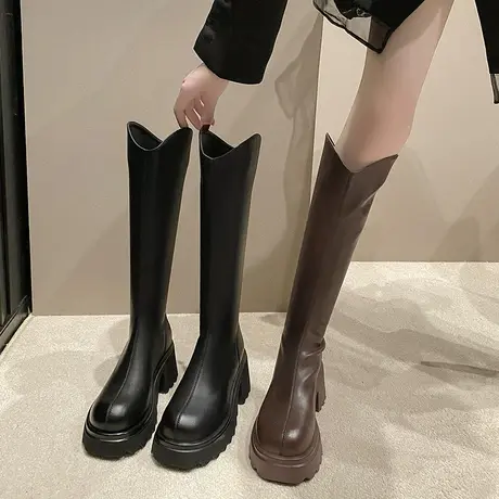 显瘦不过膝靴子女2023新款冬季v口配裙子粗跟高跟靴高级感骑士靴图片