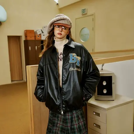 设计感毛巾绣PU皮棉服女冬季加厚棒球服外套2023新款复古宽松棉衣图片