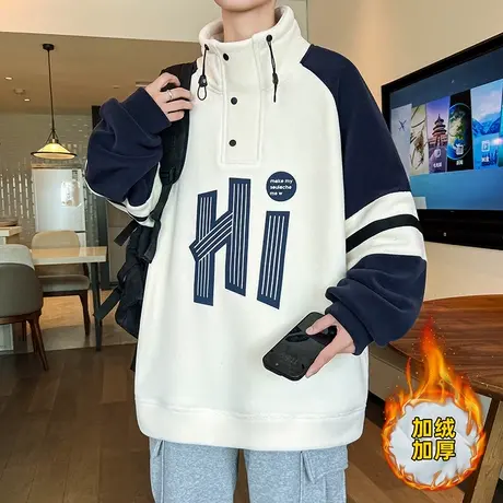 秋冬季青少年奥粒绒加厚印花卫衣潮流男孩学生宽松立领加绒外套商品大图
