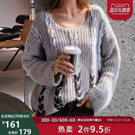 粉红大布娃娃麻花绞花宽松羊毛内搭减龄慵懒风套头针织衫新款2021商品大图