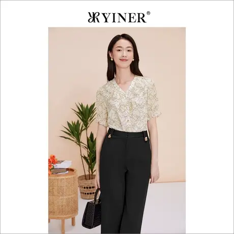 YINER音儿线上专选女装2023春季艺术图案V领衬衫上衣商品大图