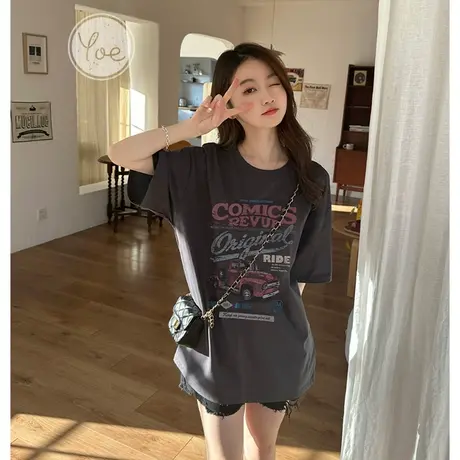 yoe2023夏装灰色美式复古做旧oversize潮牌休闲纯棉短袖t恤女上衣图片