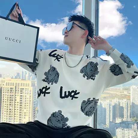 圆领卫衣男ins潮牌印花长袖t恤2023新款春秋季痞帅花色满印外套潮商品大图