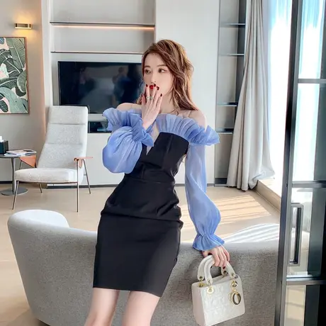 宴会礼服裙女气质轻奢仙气法式小众荷叶边包臀修身深V连衣裙短款商品大图