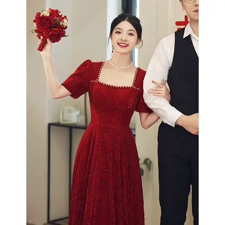 蕾丝敬酒服2024新款新娘女夏季高级感法式结婚订婚礼服连衣裙钉珠商品大图