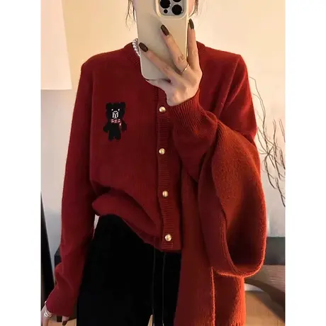 新年本命服红色毛衣打底衫女厚秋冬圆领内搭卡通提花针织开衫上衣图片