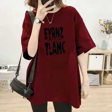 酒红色短袖T恤女复古oversize纯棉龙年新款国潮宽松显瘦打底上衣商品大图