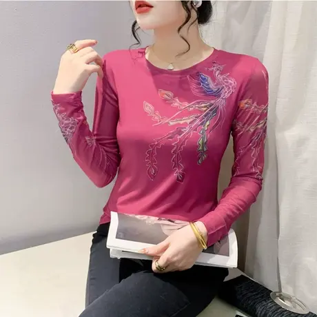 设计感网纱印花圆领长袖打底衫气质减龄内塔上衣女修身显瘦T恤ins商品大图