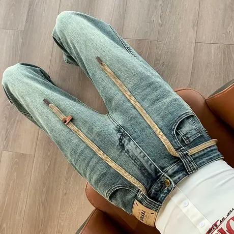 抽绳直筒牛仔裤女2024年春秋新款复古风窄版梨型身材高腰阔腿裤子商品大图