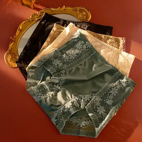 享永子【五条装】内裤女高腰收腹提臀高弹大码蕾丝缎面无痕三角裤图片