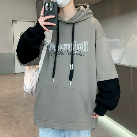 假两件卫衣男春秋款字母印花连帽外套男潮牌青少年休闲宽松套头衫商品大图