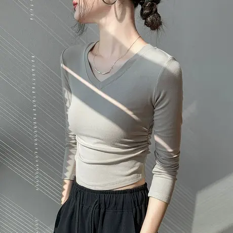 纯色V领长袖T恤女2024春季新款遮肚子修身显瘦西装内搭打底衫上衣商品大图