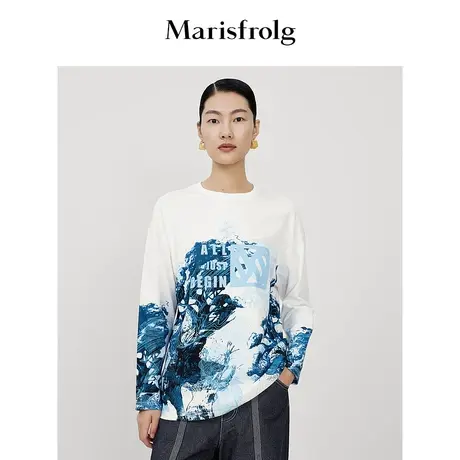 【30周年限定】玛丝菲尔女装23春装新款纯棉白色圆领印花T恤女商品大图