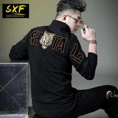 SXF圣希梵潮牌卫衣男 新款港风男装植绒老虎烫钻上衣立领男士上衣商品大图