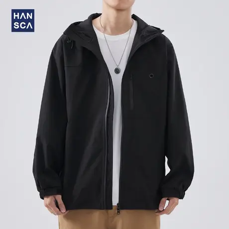 hansca美式黑色冲锋衣男春秋季连帽机能外套宽松潮牌户外工装夹克商品大图