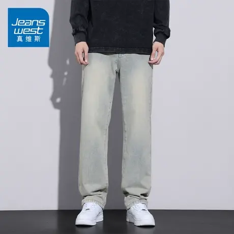 KZ真维斯黄泥染牛仔长裤男士春秋款直筒宽松青少年学生秋季男裤子商品大图
