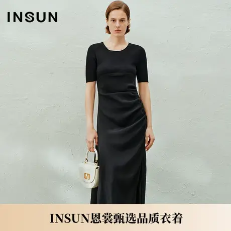 INSUN恩裳夏季小黑裙抽绳捏褶修身连衣裙图片
