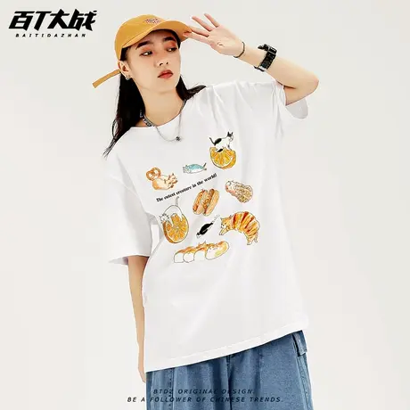 面包猫猫潮牌短袖T恤女中性款宽松显瘦chic休闲甜酷遮肉上衣男夏图片