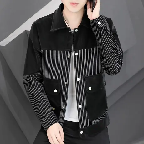 男士皮衣春秋季新款皮夹克潮流机车服青年痞帅气拼接条纹高端外套图片
