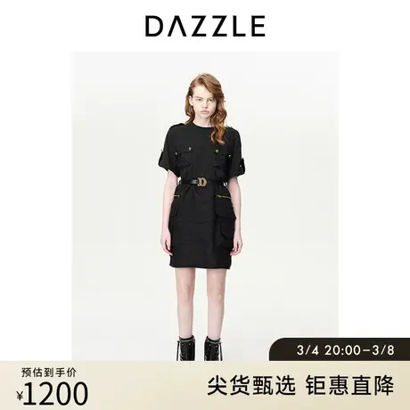 DAZZLE地素奥莱短袖连衣裙春夏装新款黑色猎装风拼接设计感短裙女图片