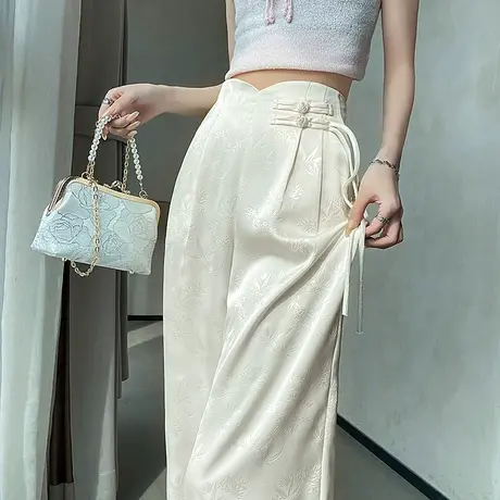 2014夏新中式缎面提花高腰阔腿裤女显瘦垂感国风时尚盘扣显瘦长裤图片