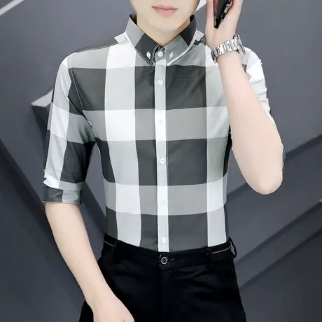 男士轻商务夏季衬衫七分袖潮流感高级感免烫五分短袖撞色格子衬衣商品大图
