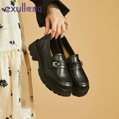 依思q乐福鞋女春季新款2024一脚蹬粗跟黑色厚底英伦风小皮鞋女款商品大图
