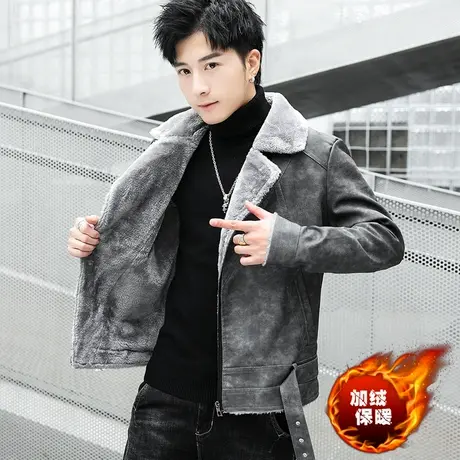 冬装男士皮毛一体外套韩版潮牌帅气加绒加厚保暖机车服个性皮棉衣图片