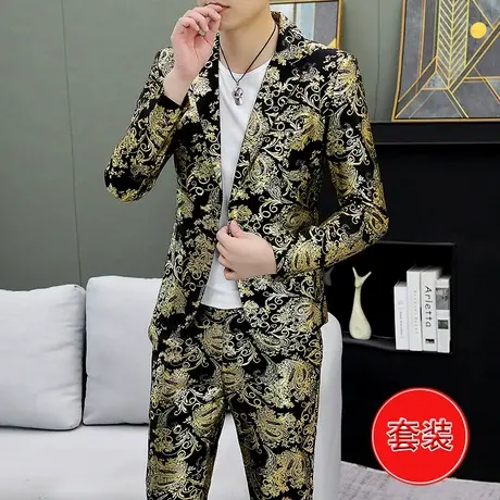 网红潮牌个性烫金花西服套装男士秋季发型师夜场痞帅气修身小西装商品大图