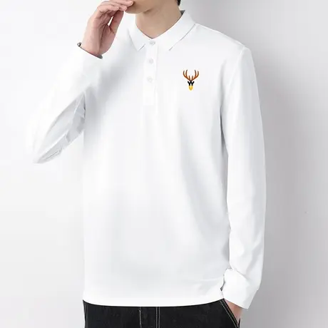 珠地棉长袖polo衫翻领t恤男潮牌潮流保罗带领打底衫白色有领体恤商品大图