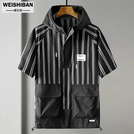 夏季薄梭织天丝套头连帽短袖卫衣男日系宽松撞色个性条纹体恤帽衫图片