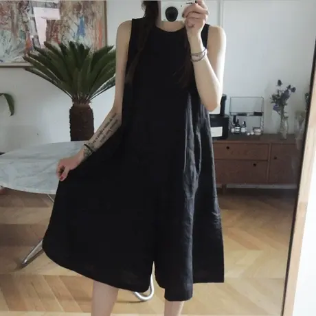 棉麻阔腿裤女夏七分宽松大码显瘦休闲裤无袖连体裤时尚百搭连体衣商品大图