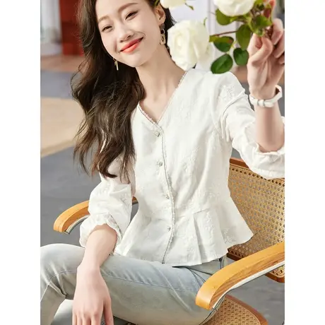 时尚气质简约淑女衬衫2023年春季新款温柔简约修身显瘦V领上衣商品大图