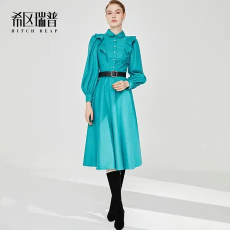 希区高端法式赫本风连衣裙女2023秋冬新款复古长袖气质木耳边伞裙图片