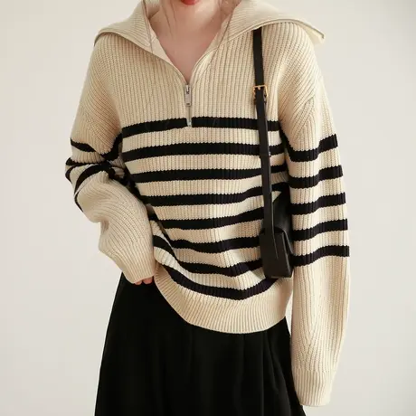 嘉茱莉2023春秋新款POLO针织衫女条纹翻领上衣复古减龄毛衣商品大图