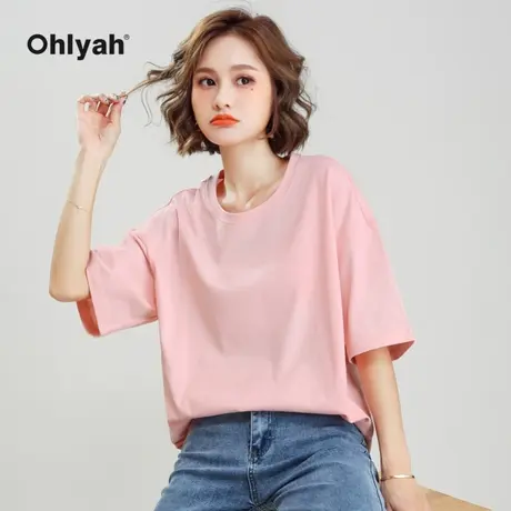 Ohlyah品牌 t恤女宽松纯棉上衣服粉色短袖百搭中长款下衣失踪体恤商品大图