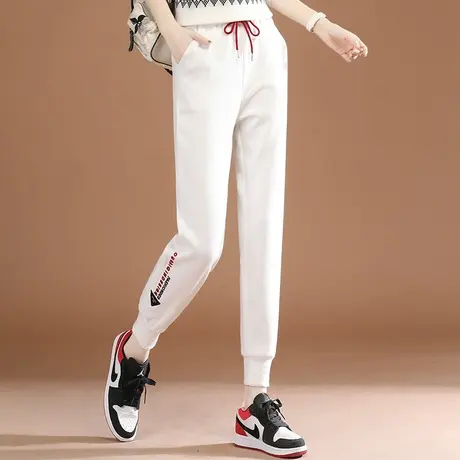 韩潮袭人松紧腰刺绣黑色运动裤女2023秋季新款显瘦束脚哈伦卫裤子图片