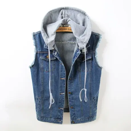 春秋韩版牛仔马甲女中长宽松新款无袖大码外套BF风背心新款带帽图片